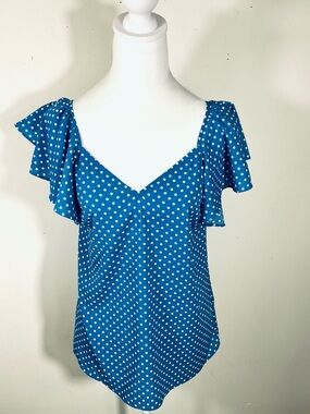 kate spade Blue White Polka Dot Ruffle Sleeve Top Size XS Feminine